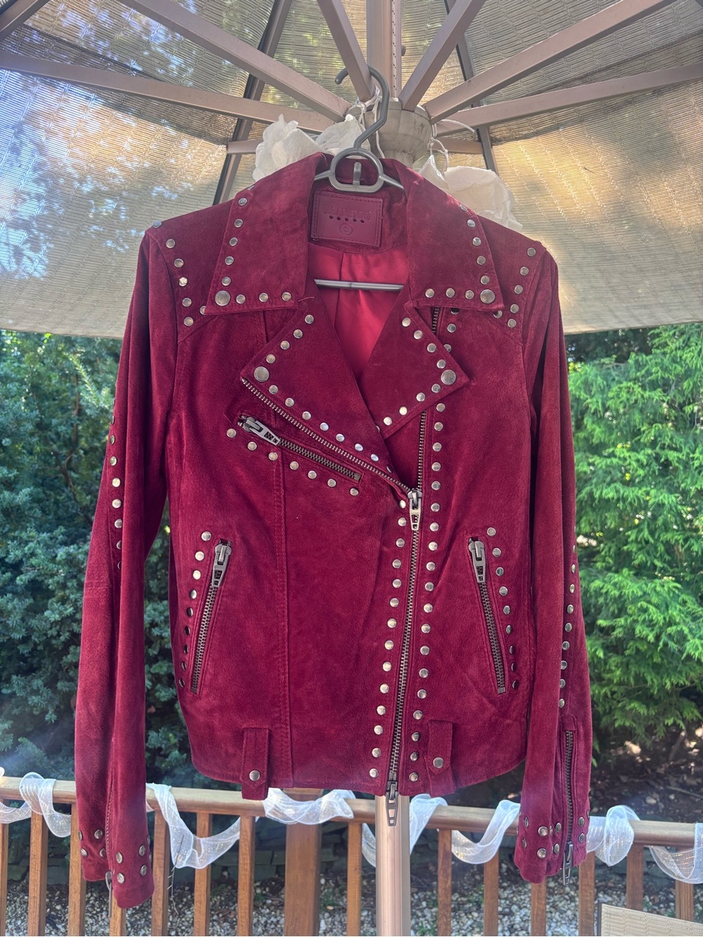 Blank NYC Burgundy Suede Studded Moto Jacket